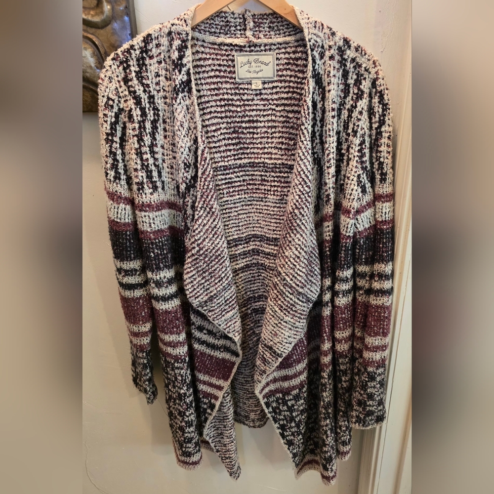 Lucky Brand Black White Burgundy Knit Open Cardigan L